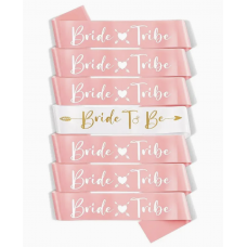 7pc Bride and Bride Tribe Sash Set - Light Pink BT and White B2B